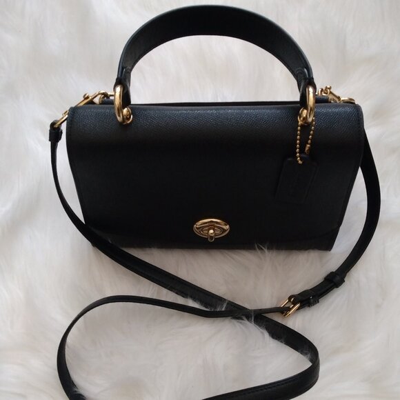 COACH Black Tilly Top Handle Cross Grain Handbag Satchel with Gold Turn lock - Picture 2 of 4
